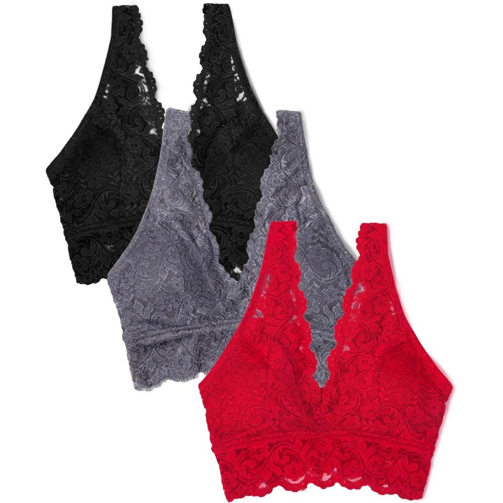 imageSmart ampamp Sexy Womens Signature Lace Deep V BraletteNo No RedBlackAnthracite 3 Pack